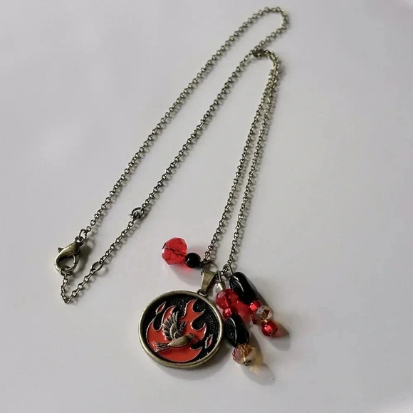 Handmade Firebird Phoenix Necklace Set in Burnished Brass w/ Glass Beads - Picture 4 of 7